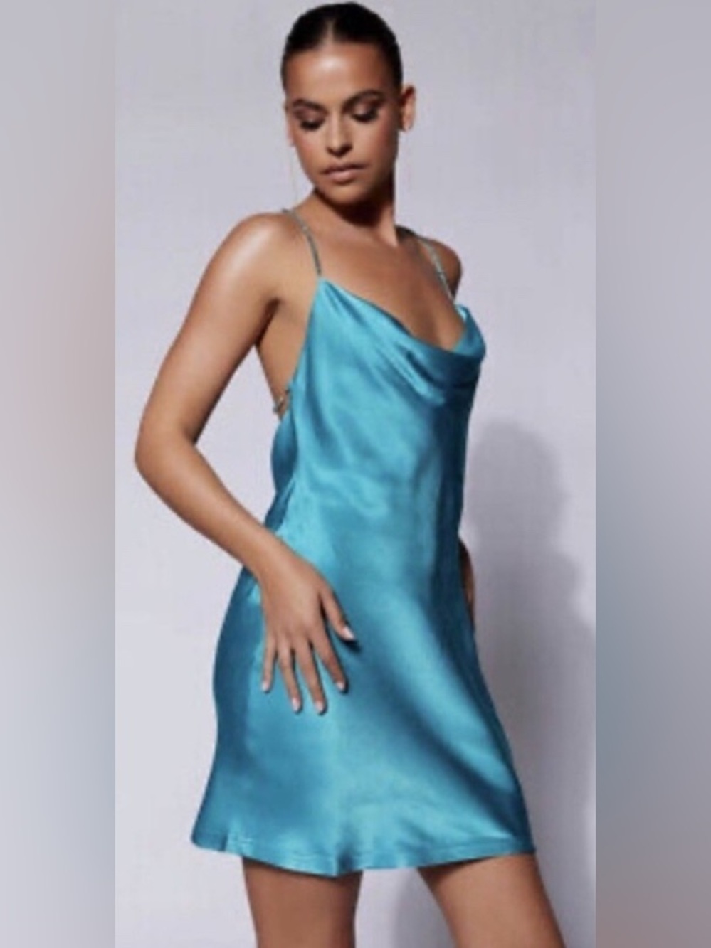 Meshki Teal Satin Slip Dress W/Rhinestone Straps